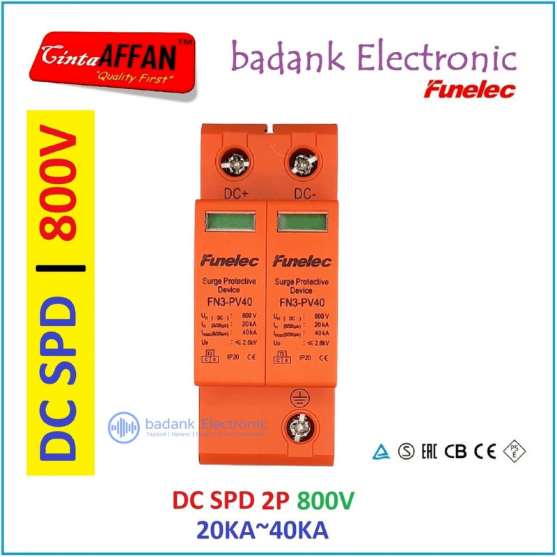 DC SPD 2P 800V Surge Arrester Protect Device Solar PV Panel Surya PLTS